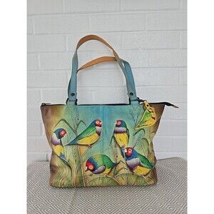Anuschka Hand-Painted Leather Tote Bag Birds  Multicolor